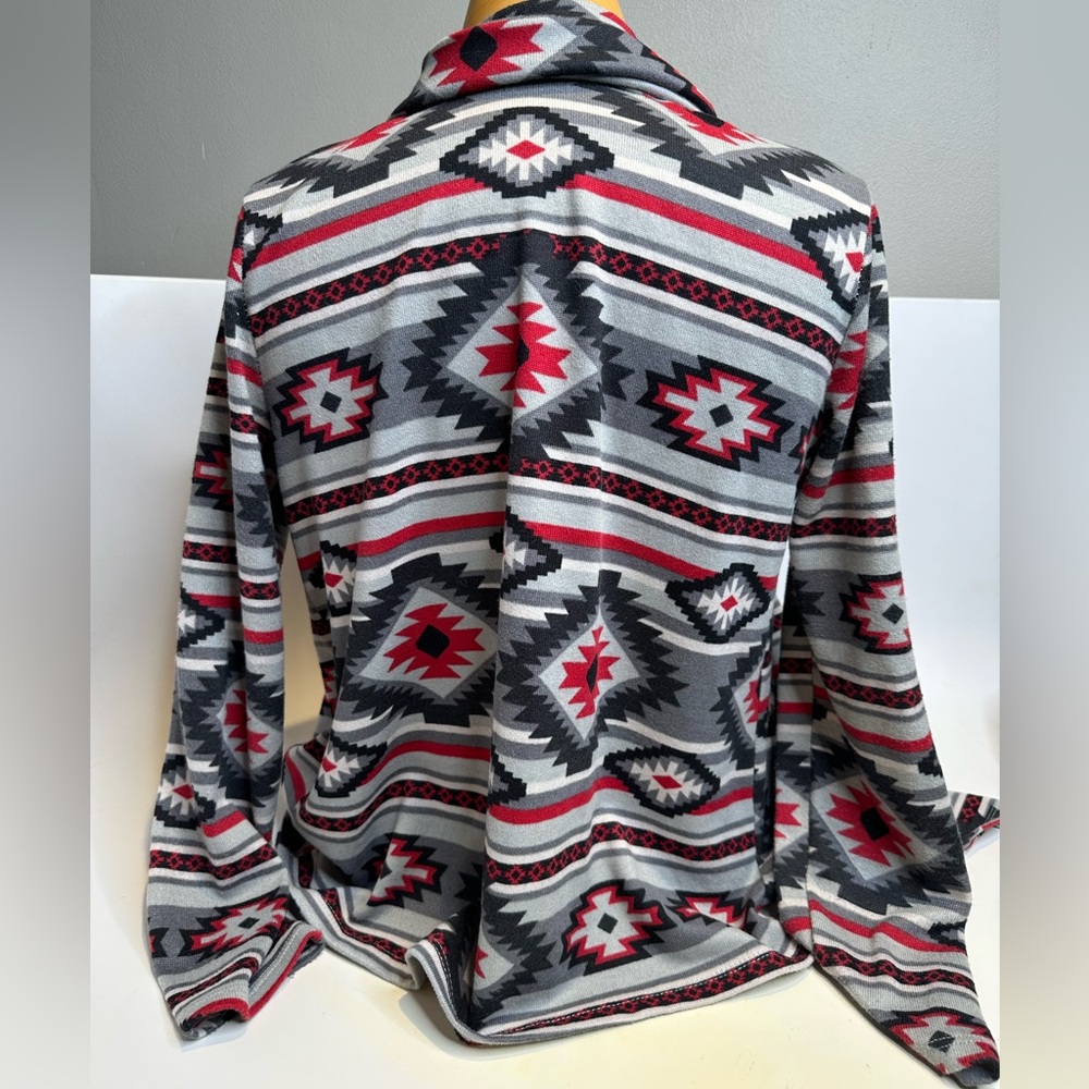 Aztec Print Open-Front Women's Sweater Cardigan - Gray/Red/Black - Picture 3 of 4